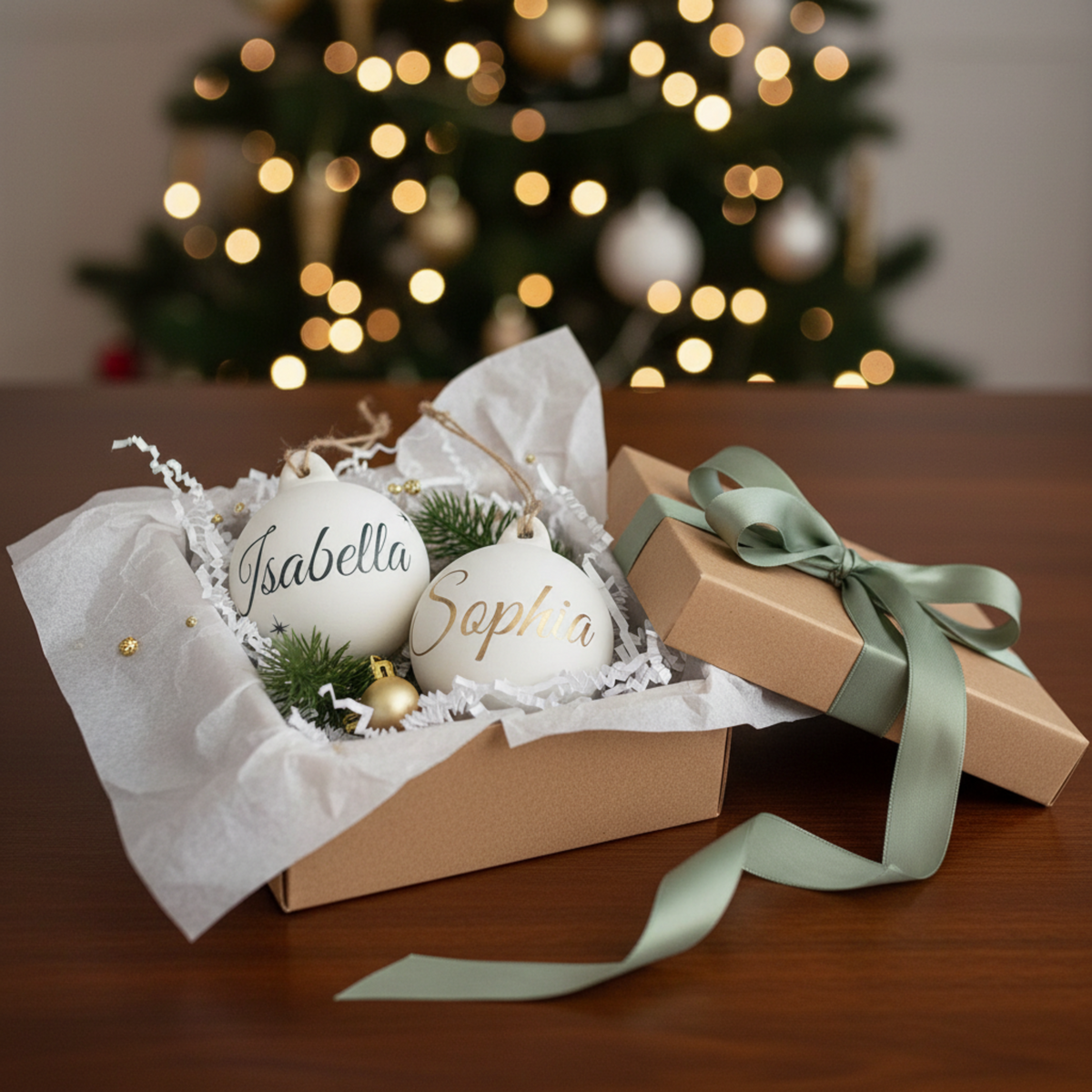 Personalised ceramic Christmas bauble with the name in gold, shown in gift box