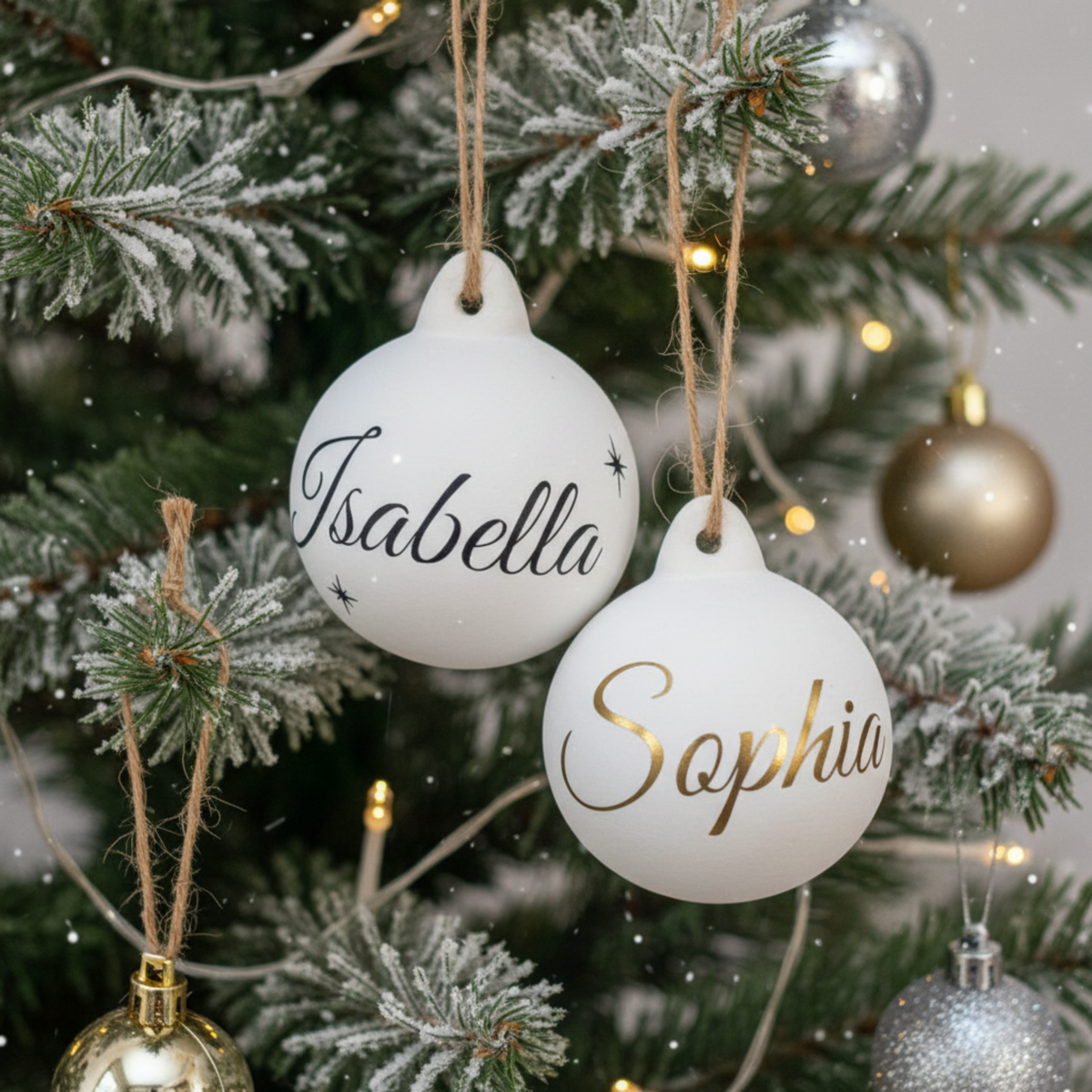 Personalised ceramic Christmas baubles with the name in gold, shown as a pair hanging on Christmas tree