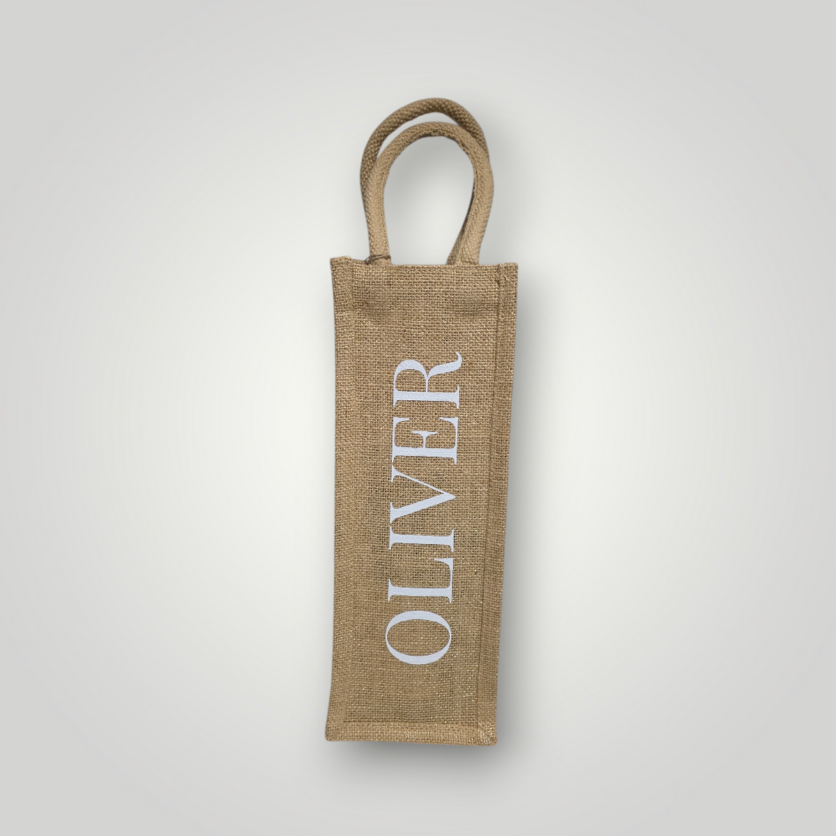 Personalised natural jute bottle bag with gold shimmer thread and name in white lettering