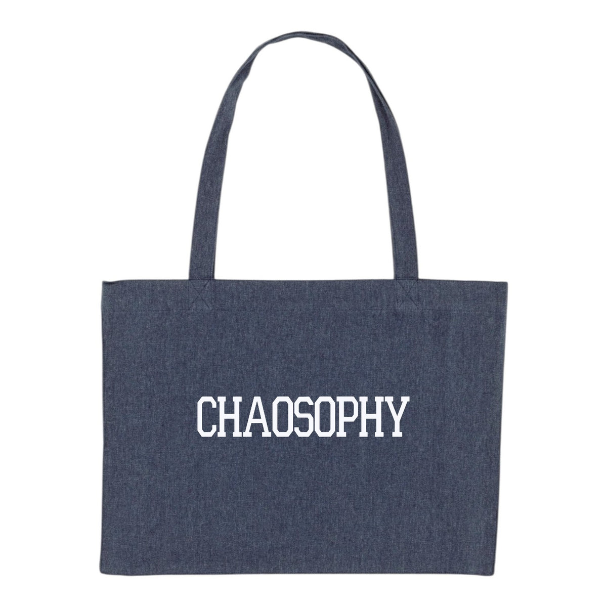 A dark blue denim tote bag with the word 'CHAOSOPHY' printed in white capital letters on the front, set against a plain white background.