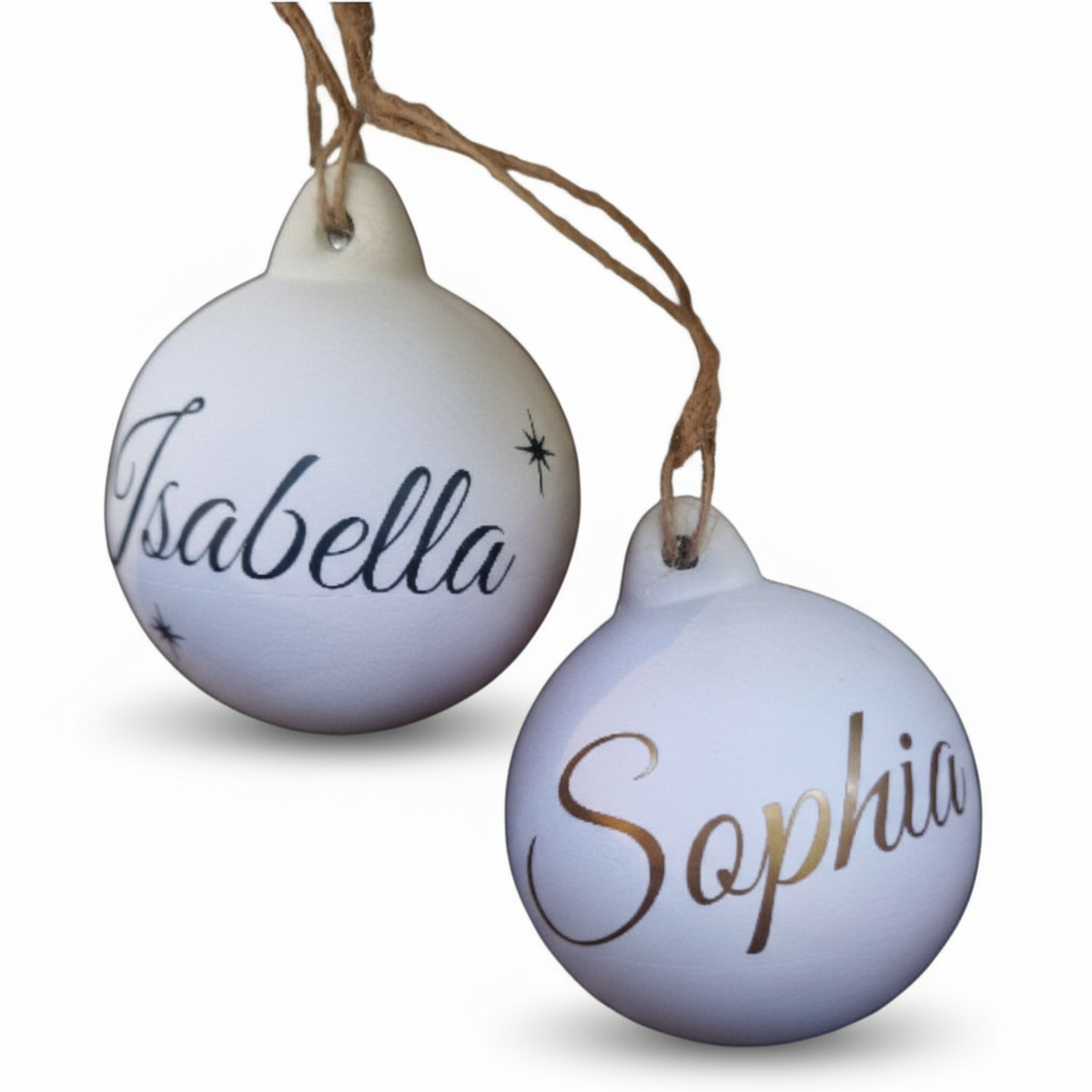 Personalised ceramic Christmas bauble with the name in gold,